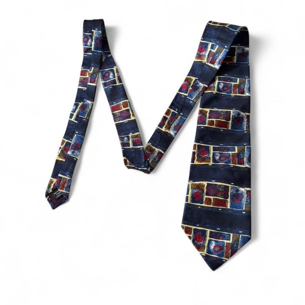 Vintage 90s Geoffrey Beene New York Blue & Red Geometric Patchwork Silk Tie